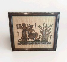 Decorative Signed Egyptian Papyrus Framed Picture Pharaoh & her queen on a boat
