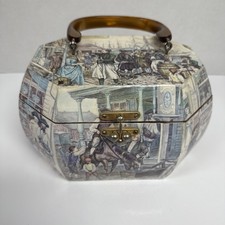 VTG Anton Pieck Style Decoupage Handle Wooden Purse Octagon Box Blue Colonial