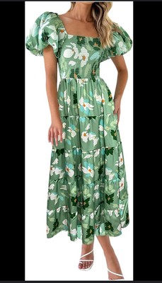 DELI S Puffy Short Sleeve Square Neck Smocked Tiered Ruffle Midi Dress SIZE 6
