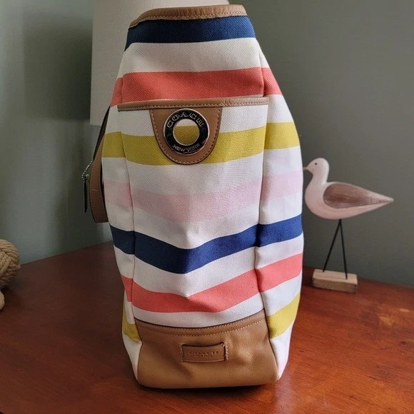 Coach F28523 Hadley Multicolor Canvas Stripe Tan Leather Tote Bag Purse - Image 4 of 4