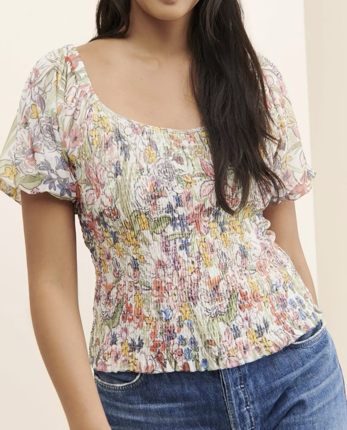 Anthropologie Smocked Top Large Floral Mesh Puff Sleeve Boho Coquette NEW