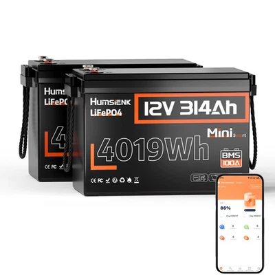 HUMSIENK 2PACK 12V 24V 314Ah 300Ah LiFePO4 Lithium Battery 4.19kWh Solar Off-Grid Camping