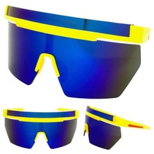 OVERSIZED Retro SPORTY WRAP Shield SUN GLASSES Large Yellow Frame Huge Blue Lens
