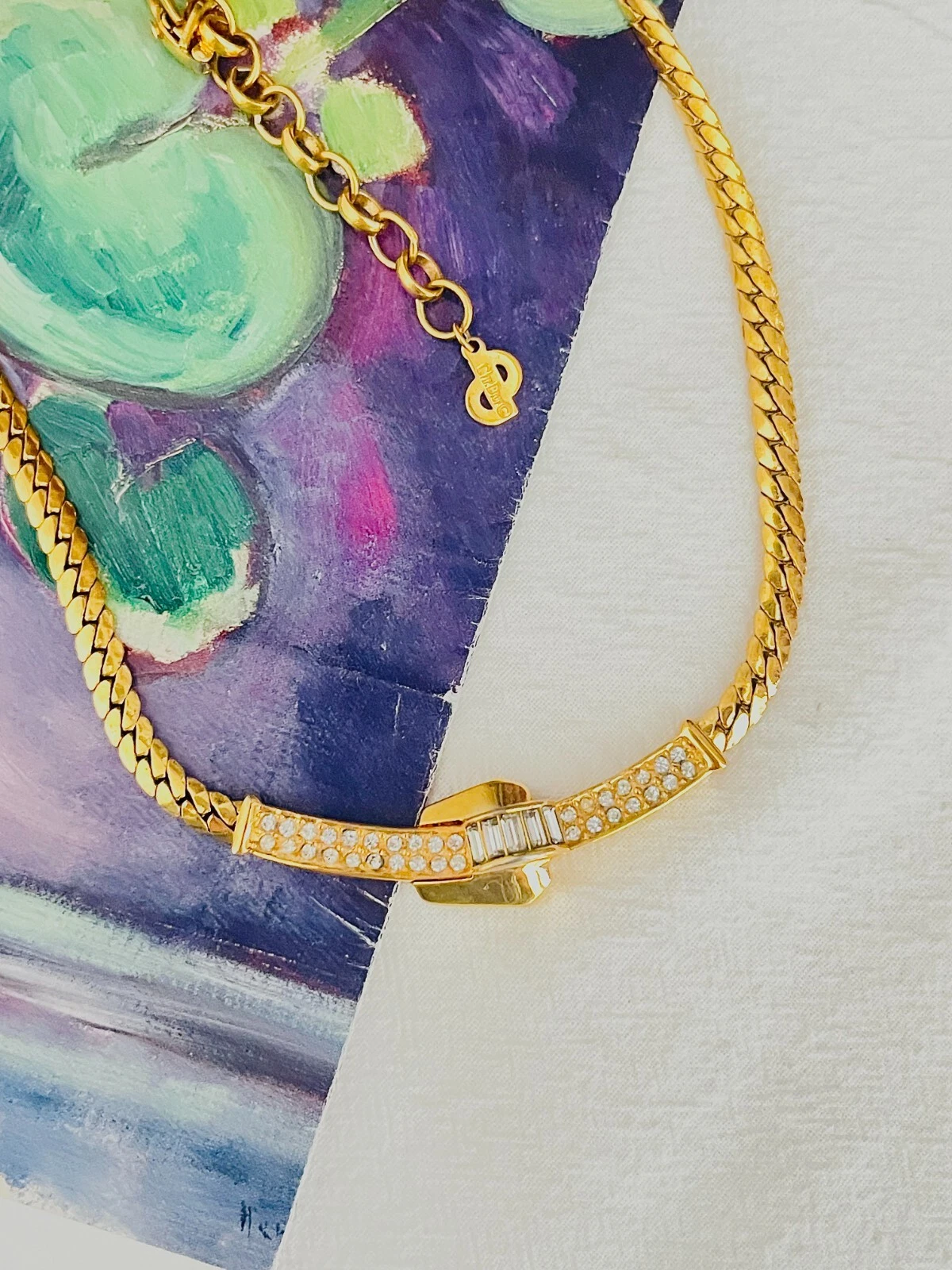 Collana Christian Dior vintage anni 80 chiusura cristalli barra lunga ciondolo torsione oro