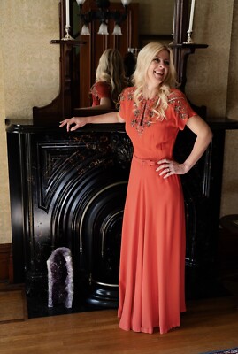 1940's Coral Silk Crepe Silver Sequin Floral Cocktail Dress | eBay