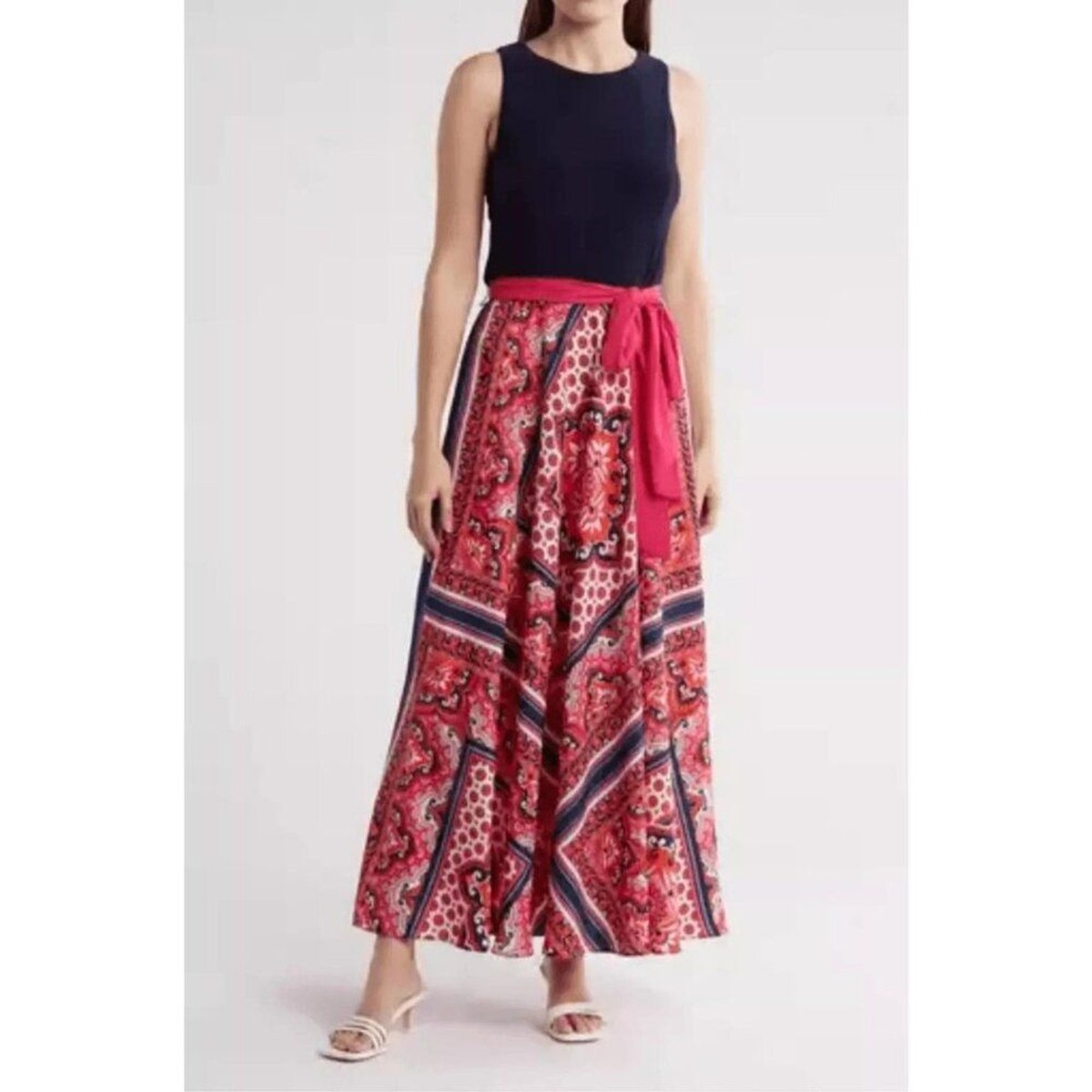 Eliza J Scarf Print Sleeveless Maxi Dress Pink Navy Blue Modest Boho Size 8  | eBay