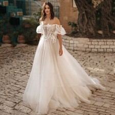 Modern A-Line Wedding Dresses Strapless Detachable Puff Sleeves Bridal Gowns