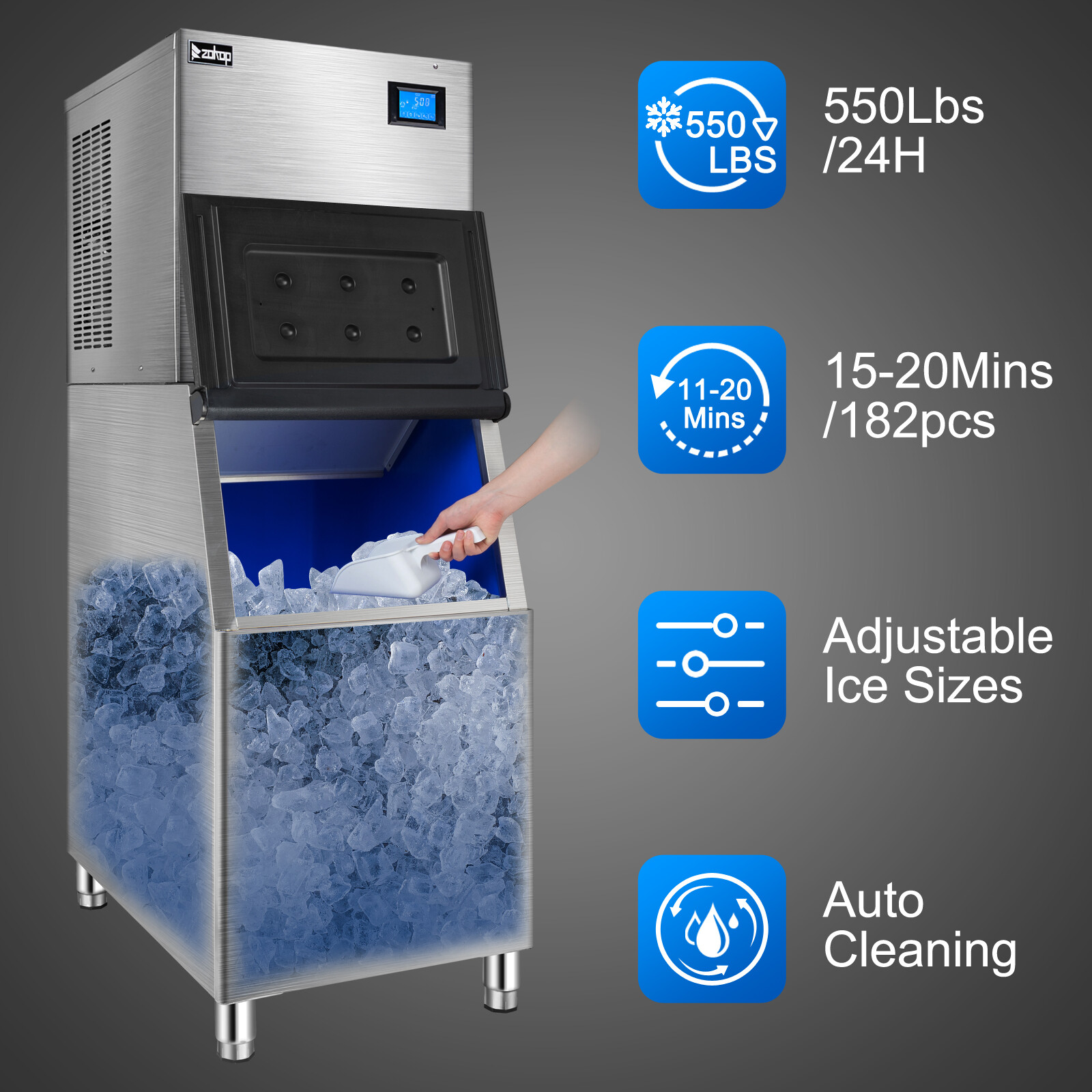 ZOKOP 550Lbs/24H Commercial Ice Maker Ice Cube Machine w/280Lbs Storage