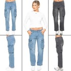 Enzo Womens Straight Leg Cargo Denim Jeans Mid Rise Casual Cotton Pants 