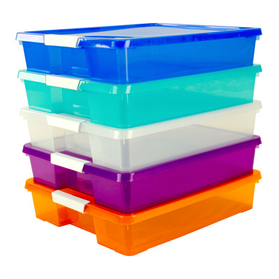 Storex 12x12 Stack & Store Box, Assorted Colors, Case of 5 Integrated Handles