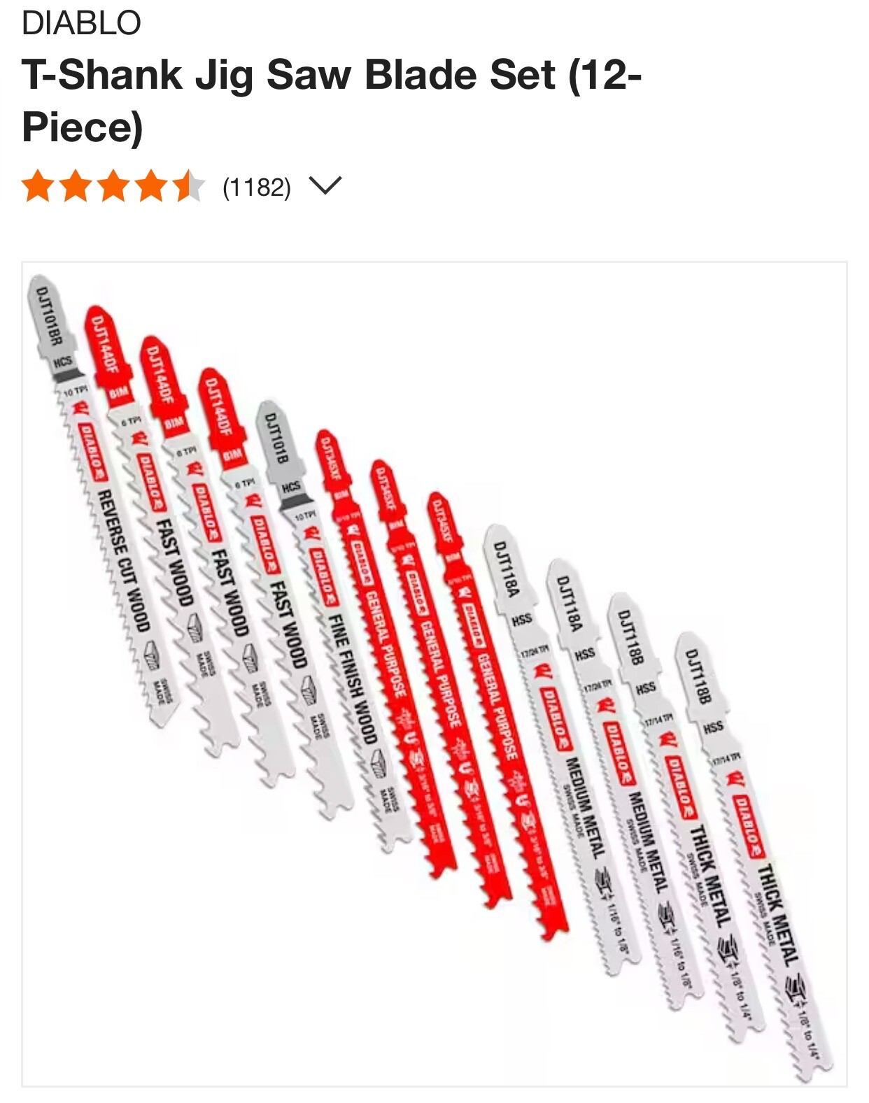 DIABLO TShank Jig Saw Blades Design Set Cuts Clean Wood Metal 12Piece