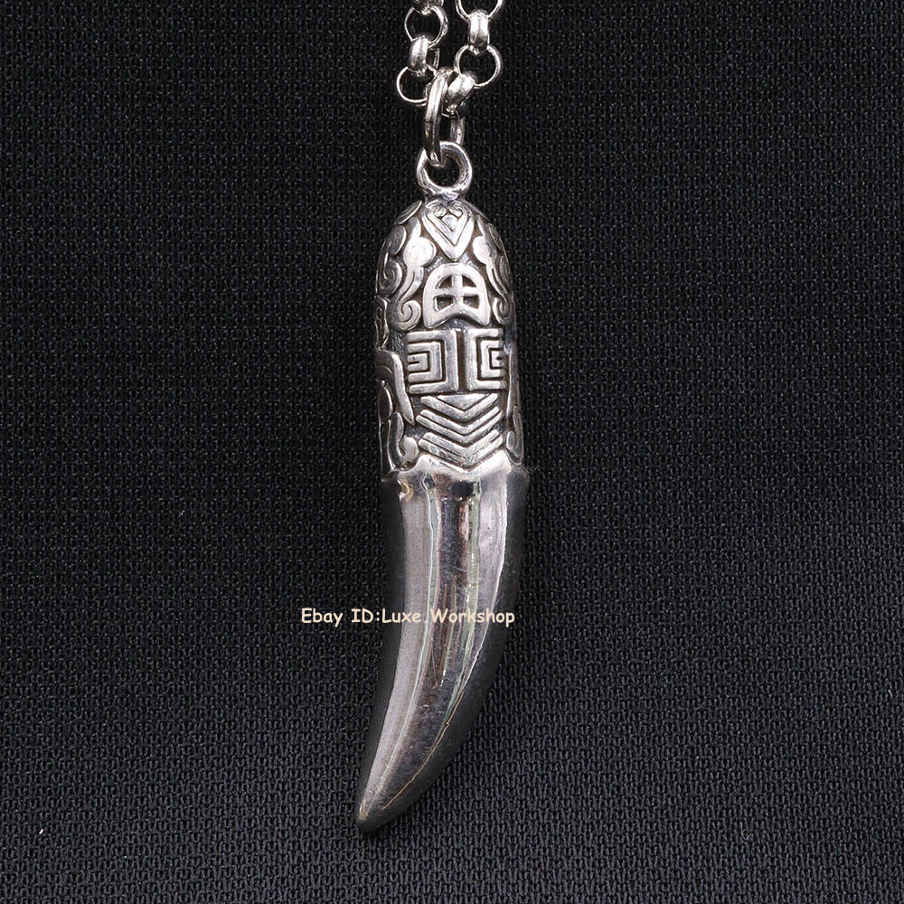 999 Pure Silver Round Blessing Wolf Tooth Man's Fine Silver Pendant 2inch 10-11g