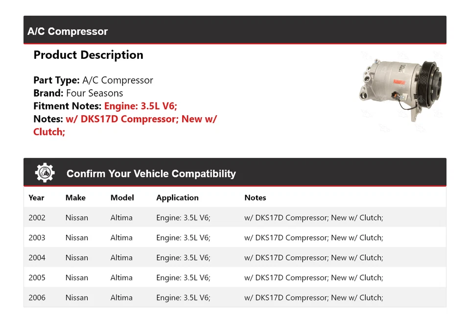 For 2002-2006 Nissan Altima 3.5L V6 A/C Compressor 4 Seasons 2003 2004 2005 - Image 2 of 4