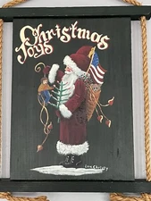 Patriotic Santa Claus Hand Painted Wood Christmas Sign Rope Hung by Lou Christy