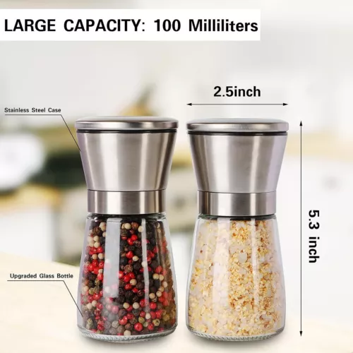 2 Packs Salt and Pepper Grinder Set Adjustable Coarseness Mills Glass Refillable
