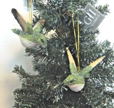 Set of 2 Green Glittered Hummingbird Christmas Ornaments, resin, NWT