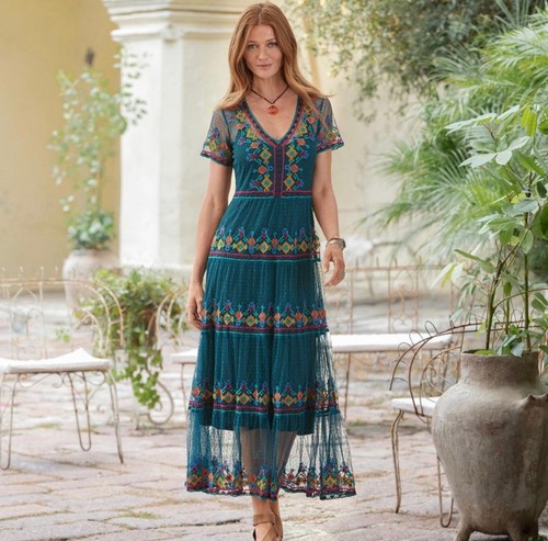 Sundance Alize Mesh Maxi Dress Geometric Teal Women’s Sz Small Short Sleeve