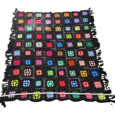 Vntg Hand Crochet Granny Square Afghan Throw Black w/ Colorful Squares, fringe