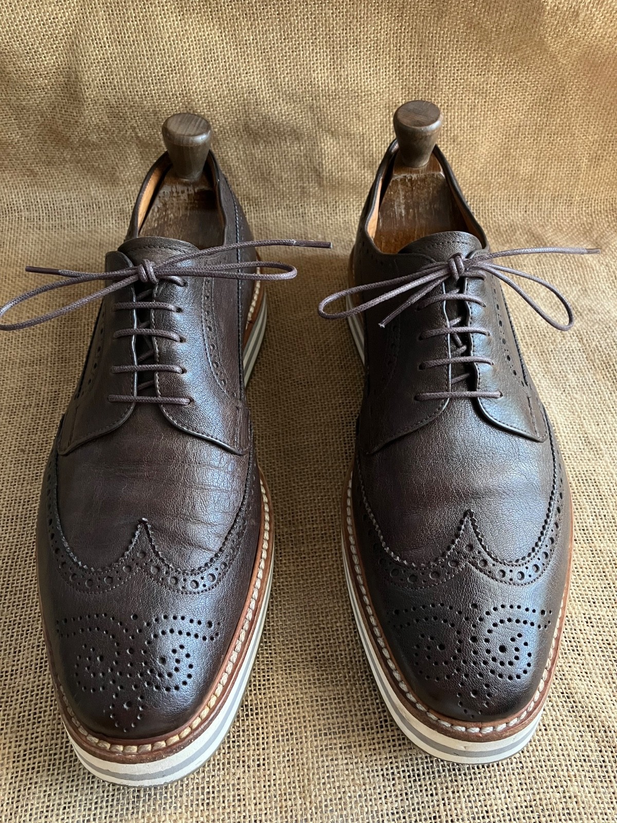 SAOLA Sneakers ibride PRADA da uomo in pelle marrone scuro con punta alare taglia UK 9 5 US 10 5