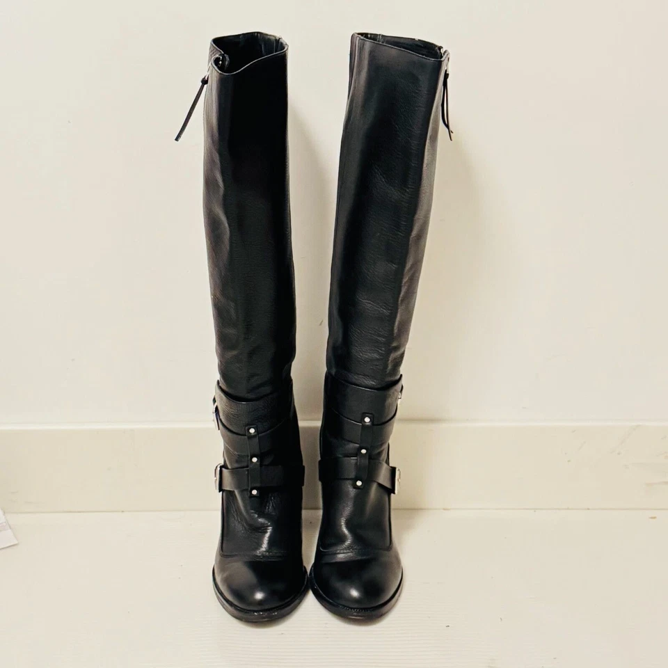 Rebecca Minkoff 靴子女式 8.5 黑色皮革摩托双扣高跟鞋 Billie — 第 3/4 张图片