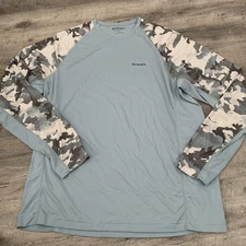 Simms Fishing Rashguard Solarflex UPF 50 Long Sleeve Mens Large Blue Gray Camo