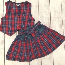 OshKosh B'Gosh Vintage Vest Skirt Outfit Girls Size 5 Red Blue Plaid USA Made