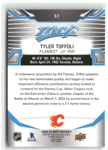 2022-23 Upper Deck MVP Tyler Toffoli Calgary Flames #51 - Afbeelding 2 van 2