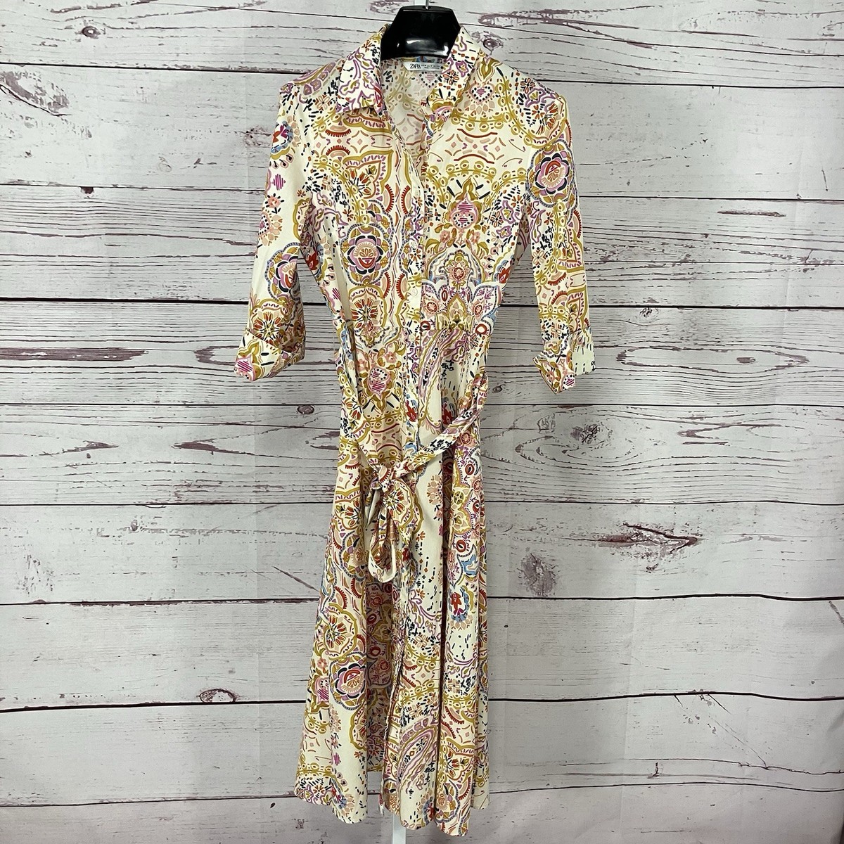 Zara Shirt Dress Womens Size M Paisley Belted Button Front Boho Midi Pink  Gold | eBay