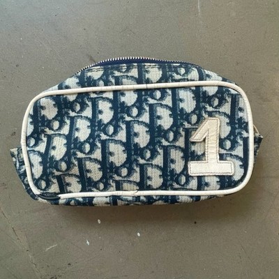 Christian Dior Dior Trotter Makeup Bag Blue White Canvas Leather