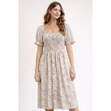 Monteau Los Angeles Smocked Floral Midi Dress Cottagecore Medium Puff Sleeve