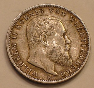 1909 F SILVER 3 Mark German State of Wurttemberg