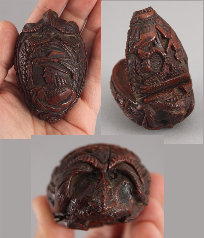 18thC Antique Folk Art Carved Coquilla Nut, Wedding Couple, Bugbear Snuff Box NR