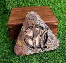 Brass Triangle Sundial Compass with Wooden Box Vintage Nautical Gift Handmade