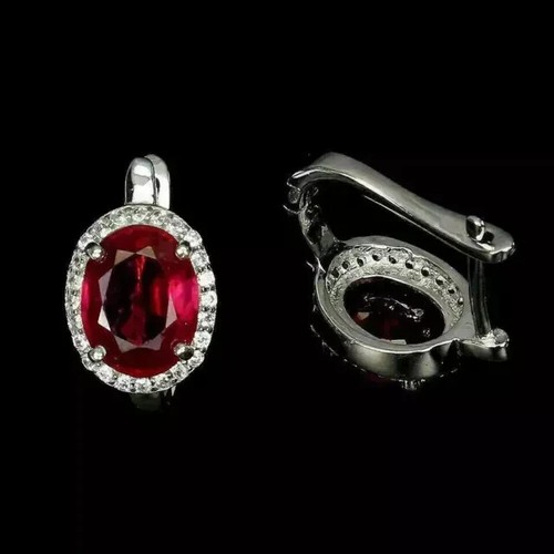 3Ct Oval Lab Created Ruby Wedding Women's Stud Earrings 14K White Gold Plated - Picture 3 of 4