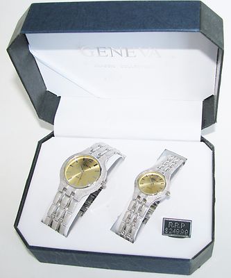 GENEVA SILVER TONE S/STEEL TEXTURED BAND+GOLD DIAL 2,TWO PIECE HIS+HER WATCH SET