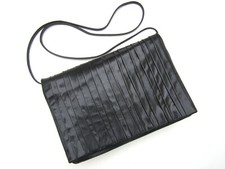 CLUBHOUSE ITALY BLACK LEATHER PLEATED FRONT FLAP SHOULDER - CLUTCH BAG VTG 1980s