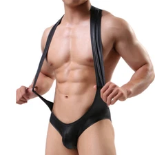 Sexy Men Leather Wrestle Singlet Bodysuit Undershirt Jockstrap Open Butt Leotard