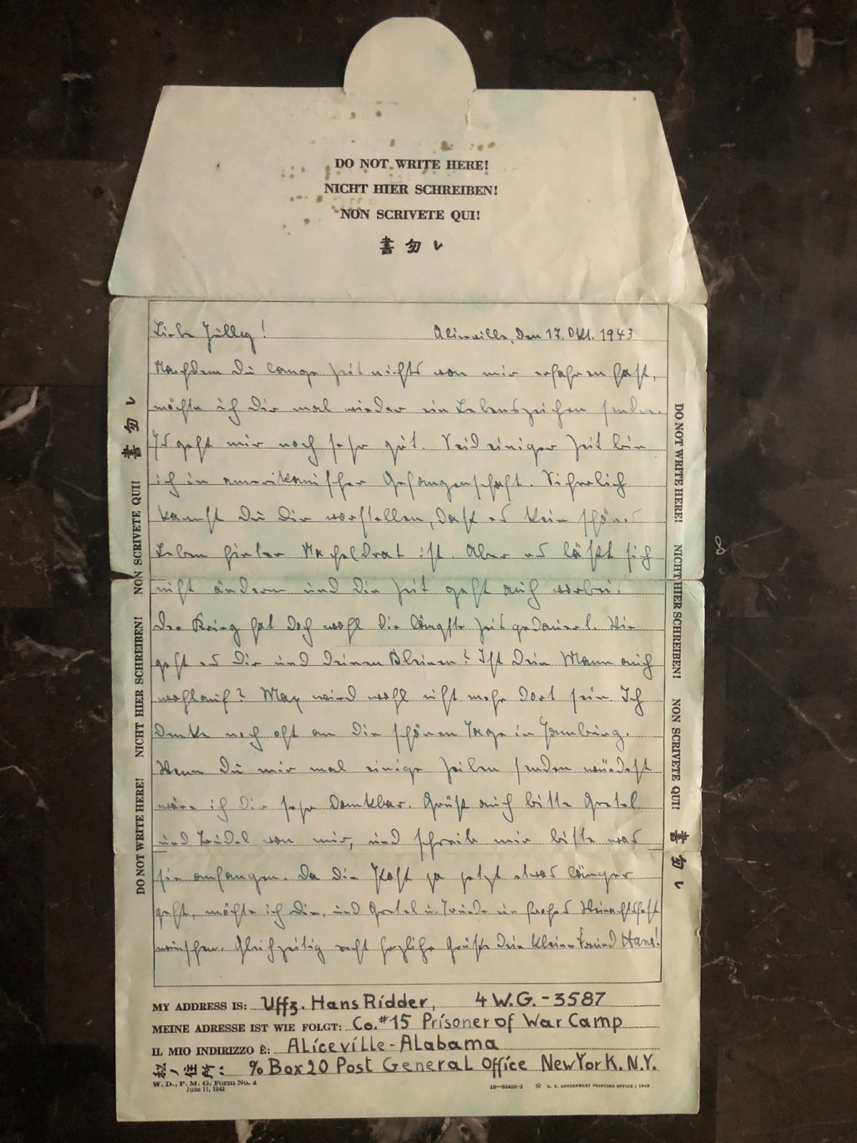 1943 Camp Aliceville AL POW Camp Letter Cover 2 Germany Prisoner of War H Ridder eBay