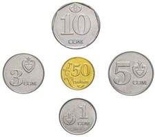 Kyrgyzstan 5 Pcs UNC Coin Set, 50 Tyin 1 3 5 10 Som 2008 2009