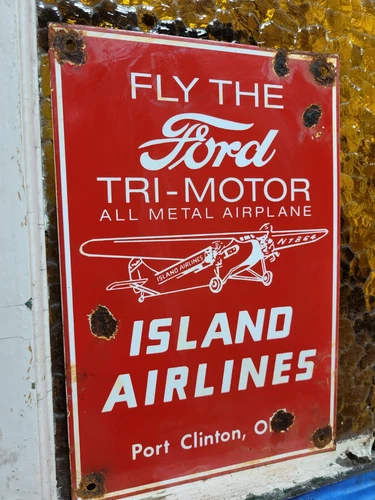 VINTAGE FORD PORCELAIN SIGN ISLAND AIRLINES AVIATION MOTORS AIRPLANE 12" TRUCK