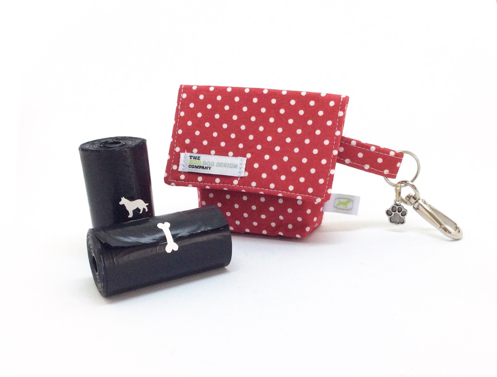 Borsa per cani, accessori da passeggio per cani, pois rossi, borsa per cacca per cani