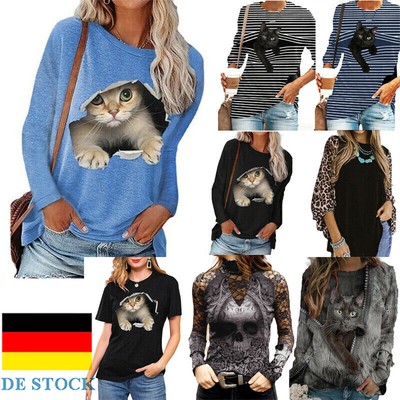 Damen 3D Cartoon Katze Print T Shirt Frauen Pullover Frühjahr Freizeit Tops DE