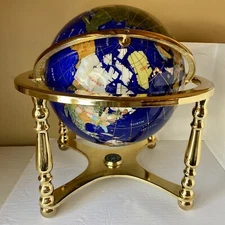 18”Blue Ocean Gold 4 leg table stand Gem Gemstone World MAP globe Compass