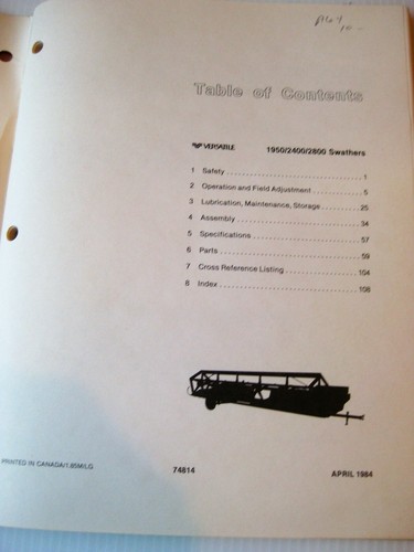 Versatile 1950/2400/2800 SWATHERS Operator's/ set up parts manual - Picture 2 of 9