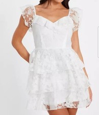 New Quiz White Chiffon Floral Skater Dress Size 16 Tiered Holiday 