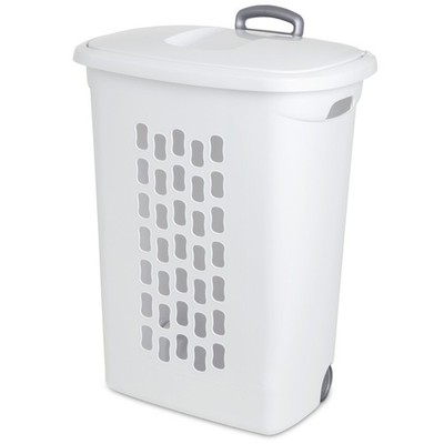 Sterilite Laundry Hamper Flip Top Lid Retractable Pull Handle Wheels, (3 Pack)