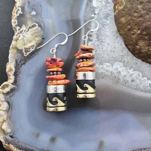 Tommy & Rosita Singer Sterling Silver Orange Spiny Oyster Bead Dangle Earrings - Picture 2 of 10