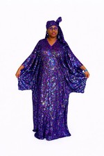 Purple Sequin Kaftan Long Dress V-Neck Pullover Flared Sleeve Multicolor