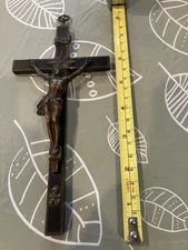 Antique Crucifix Brass Cross  Inlaid Wood And Bronze Jesus Skull Crossbones 8"