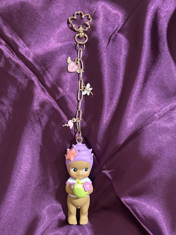 Sonny Angel Figure Keychain Charm w/ Purple Hair & Flower Charms, Detachable